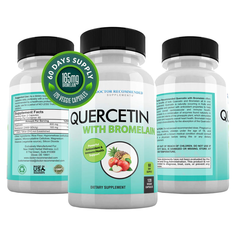 Quercetin 800mg w/Bromelain 165mg Per Serving- 120 Veggie Capsules-Full 60 Day Supply, Vitamin Supplement to Support Cardiovascular Health & Bioflavonoids for Cellular Function, Gluten Free, Non-GMO 120 Count (Pack of 1) - NewNest Australia