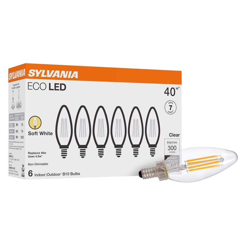 SYLVANIA ECO LED B10 Light Bulb, 40W=4.5W, 7 Year, 300 Lumens, Non-Dimmable, Clear, 2700K, Soft White - 6 Pack (40878) Soft White (2700K) 6 Count (Pack of 1) - NewNest Australia