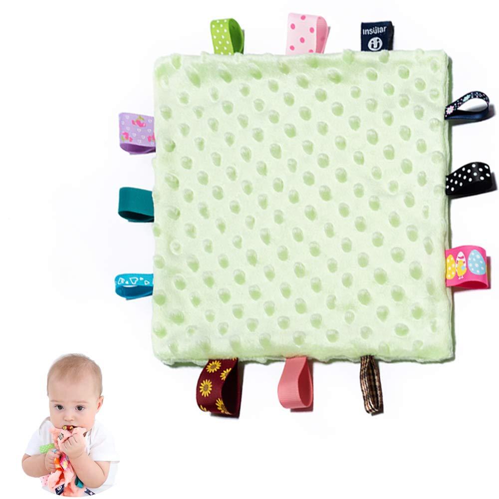 NewNest Australia - Green Baby Security Blanket with Colorful Satin Tags, Infant Appease Blankets Toy, Sleep Helper - 10 x 10 inches Square Blanket for 0+ Months Babies Boys/Girls Green 