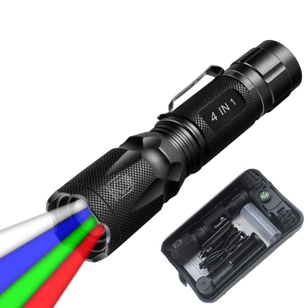 Super Bright Hunting Flashlights, Color Changing Torch Light with Red/Green/Blue Zoomable Beam+18650 Battery+Charger+Bracelet, Multipurpose for Spectrum Camera, Light Painting, Night Fishing Camping 4IN1 Flashlight+Battery+Charger - NewNest Australia