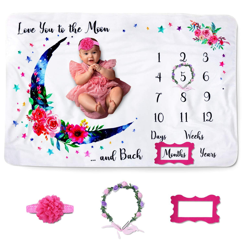 NewNest Australia - Jamie&Jayden Baby Monthly Milestone Blanket for Baby Girl, Photo Blanket for Newborn and Baby Pictures. Includes Headband, Wreath and Frame 60”x40" 