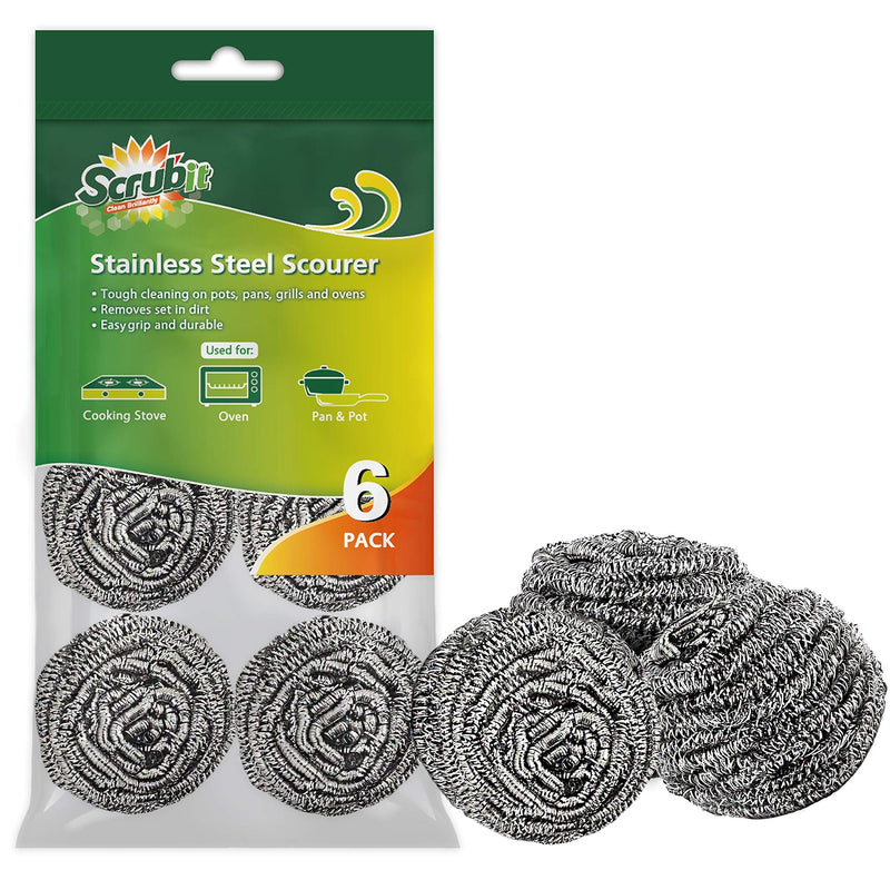 SCRUBIT 6 Pack Stainless Steel Scourers – Steel Wool Scrubber Pad Used for Dishes, Pots, Pans, and Ovens. Easy scouring for Tough Kitchen Cleaning. - NewNest Australia