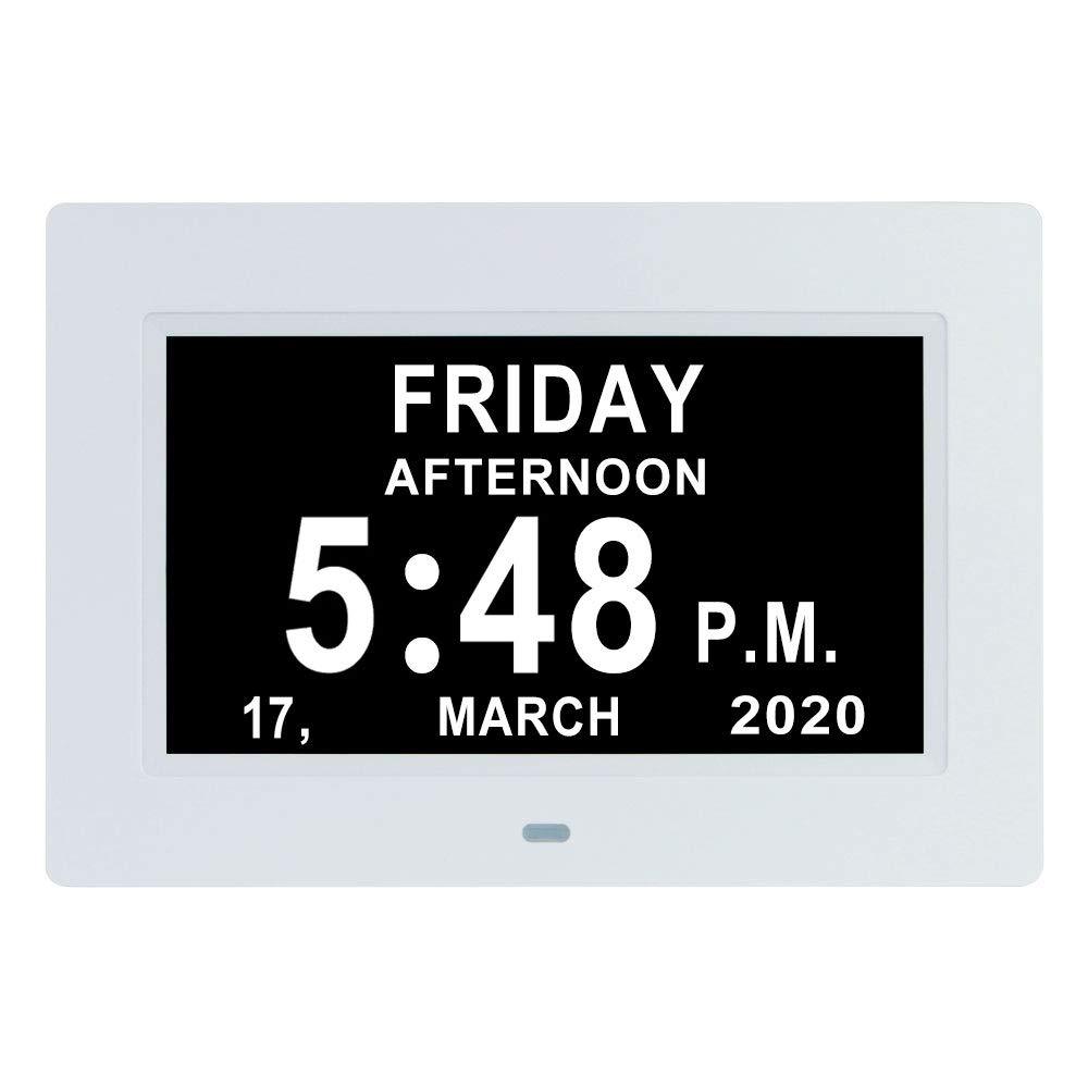 NewNest Australia - 7 Inch Digital Calendar Day Date Clock-12 Alarm Options with Auto-Dimming,Extra Large Non-Abbreviated Day&Month Memory Loss Clock for Seniors,Dementia,Impaired Vision (White) 