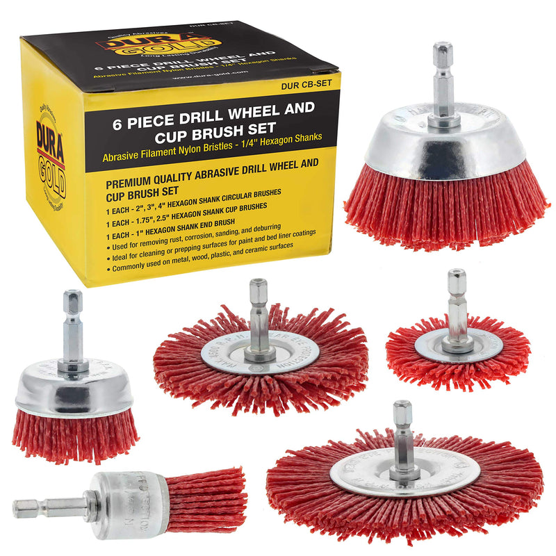 Dura-Gold 6 Piece Abrasive Filament Nylon Wire Bristle Drill Wheel and Cup Brush Set - Coarse Sanding Scuffing, 1/4" Drill Shank - Remove Rust, Corrosion, Paint - Surface Prep Truck Bed Liner Coating - NewNest Australia
