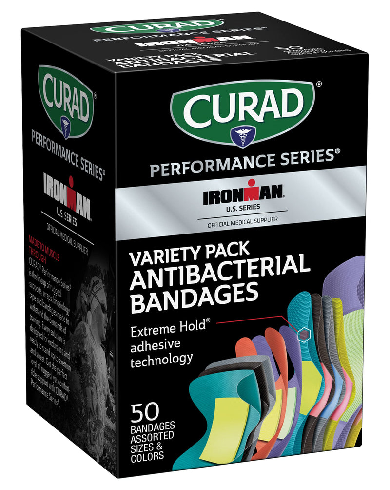Curad Performance Series Ironman Antibacterial Bandages, Extreme Hold Adhesive Technology, Assorted Variety Pack Includes Standard, XL, Finger & Knuckle Fabric Bandages, 50 Count - NewNest Australia