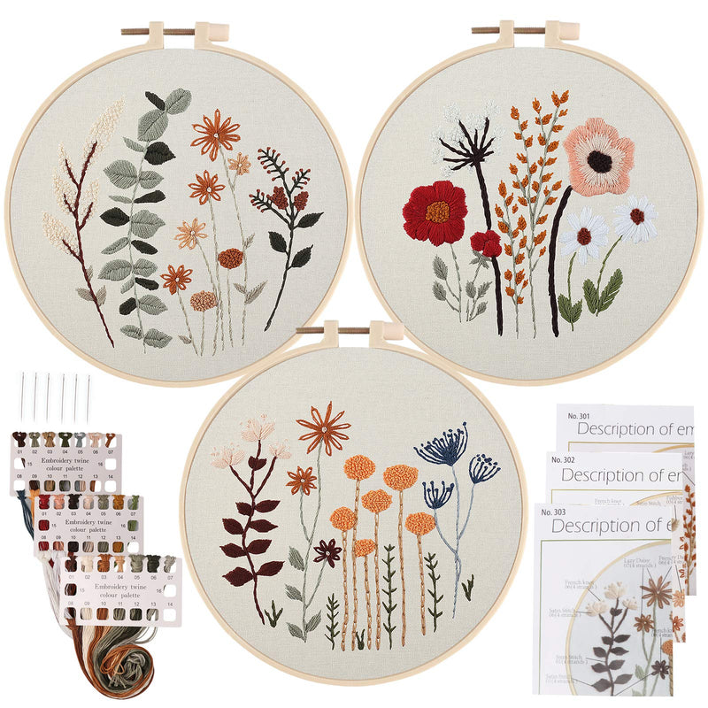 Uphome 3 Pack Embroidery Starter Kit for Beginners Stamped Cross Stitch Kits with Cute Flowers and Plants Patterns with Embroidery Hoops and Color Threads for Adults Kids - NewNest Australia