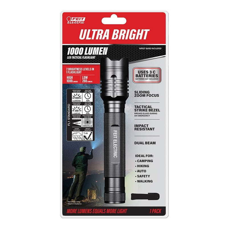 Feit Electric FL1000 Ultra Bright 1000/260 Lumens 3-Cell C, Zoomable Strike Bezel LED Tactical Flashlight, 8.1" L x 1.6" D, Black 1000 lumens - NewNest Australia