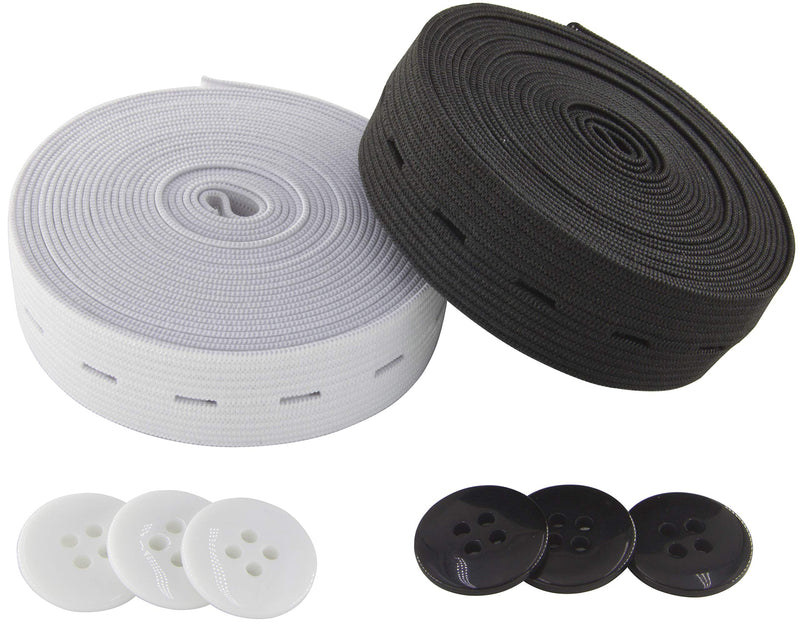 Flat Sewing Band Spool with Buttonholes, Elastic Stretchable, Ideal for DIY Waistbands and Necklines (Black & White, 3/4" × 3 Yds Each) Black & White - NewNest Australia