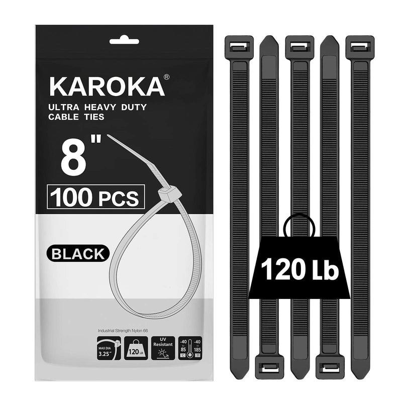 Zip Ties 8 inch Heavy Duty Zip Ties with 120 Pounds Tensile Strength, Black Cable Ties, 100 Pieces,by Karoka 8" 120lb (100 Pack) - NewNest Australia