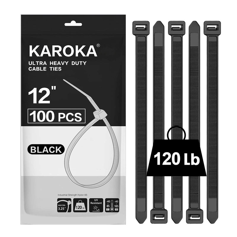 Zip Ties 12 inch Heavy Duty Zip Ties with 120 Pounds Tensile Strength, Black Cable Ties, 100 Pieces ,by Karoka 12" 120lb (100 Pack) - NewNest Australia