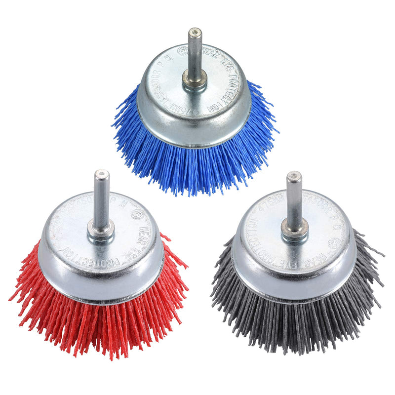 TILAX 3 Inch Abrasive Wire Cup Brush Assorted Cup Brushes 3 Pcs, Nylon Cup Brush for Drill 1/4" Arbor, Grit 80# 120# 320# Cleaning Rust, Stripping and Abrasive, for Drill Attachment - NewNest Australia