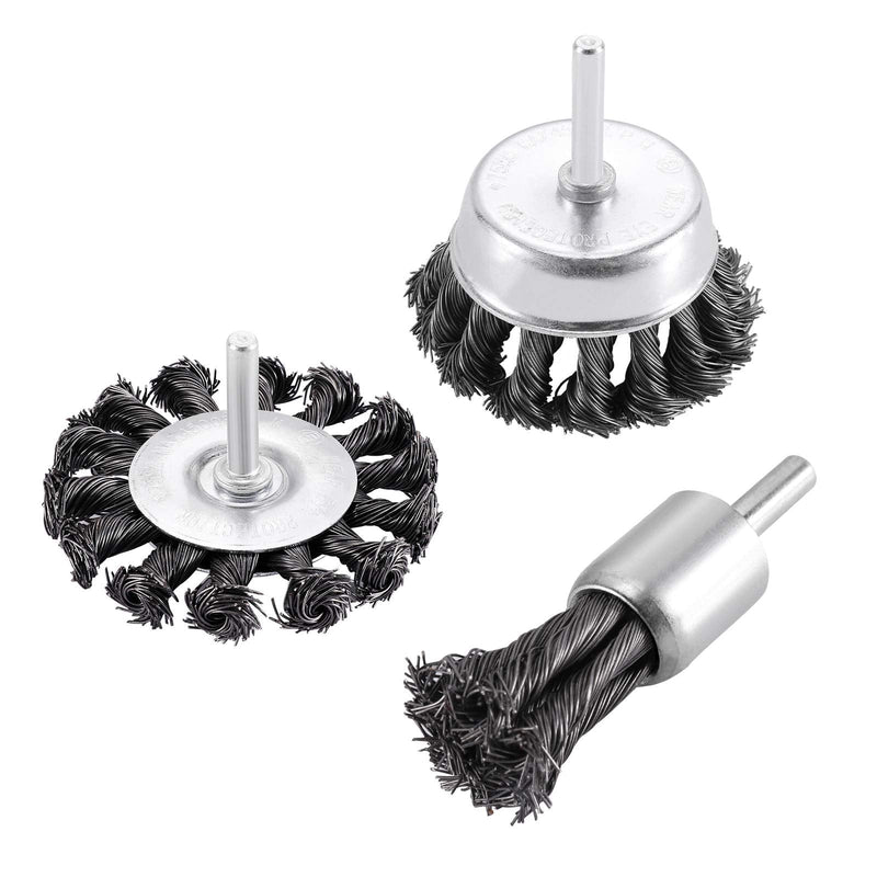 TILAX 3'' Wire Wheel Cup Brush End Brush Set 3 Pcs, Wire Brush for Drill 1/4 Inch Arbor 0.019" Carbon Steel Knotted Wire Brush Drill Bit, Drill Wire Brush Attachment, Rust Removal - NewNest Australia