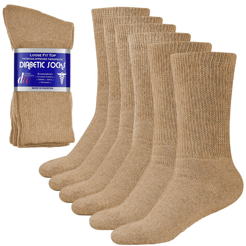 Diabetic Socks for Mens Womens Loose Fit Non-Binding Cotton Crew Socks 6 Pairs 9-11 6 Pairs Beige - NewNest Australia