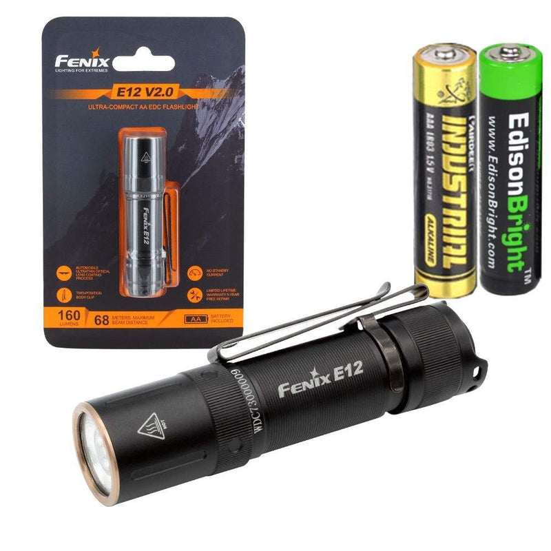 Fenix E12 V2 160 Lumen LED flashlight with EdisonBright AA alkaline battery bundle - NewNest Australia