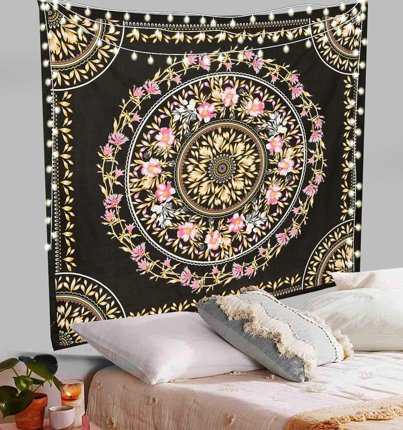 NewNest Australia - ANJANIYA Floral Mandala Tapestry Wall Hanging Indian Tapestry Dorm Décor Tapestry Metallic Hippy Wall Art Psychedelic Hippie Wall Hanging Bohemian Décor (Black, 54"X60") Black Medium (54X60 inches) 