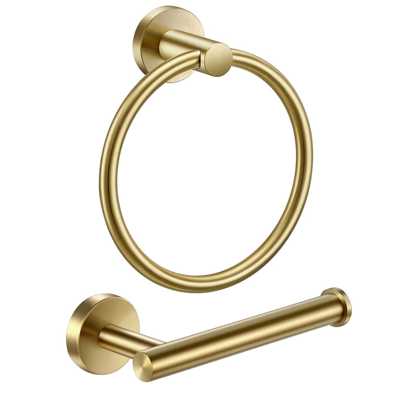 Pynsseu Brushed Gold Bathroom Accessories, SUS 304 Stainless Steel Wall Mount Hand Towel Ring Toilet Paper Roll Holder Hardware Set - 2 Pieces - NewNest Australia