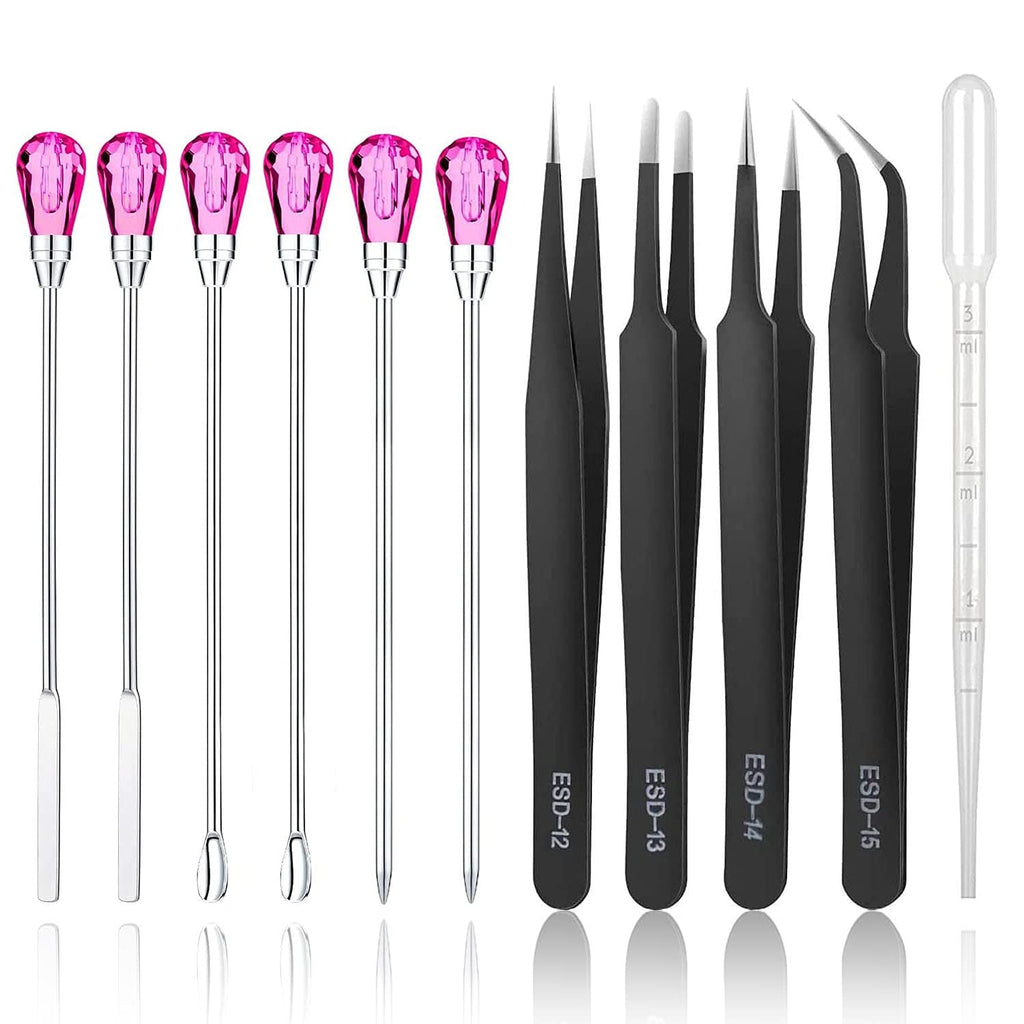 11 Pcs Silicone Resin Mold Tools Set Stirring Needle Spoon Tool Tweezers Precision Kit, Anti-Static ESD Electronics Tweezers Set for Resin Art Crafts,Jewelry Making,DIY Epoxy Casting Molds(Rose Red) A-Rose Red & Black - NewNest Australia