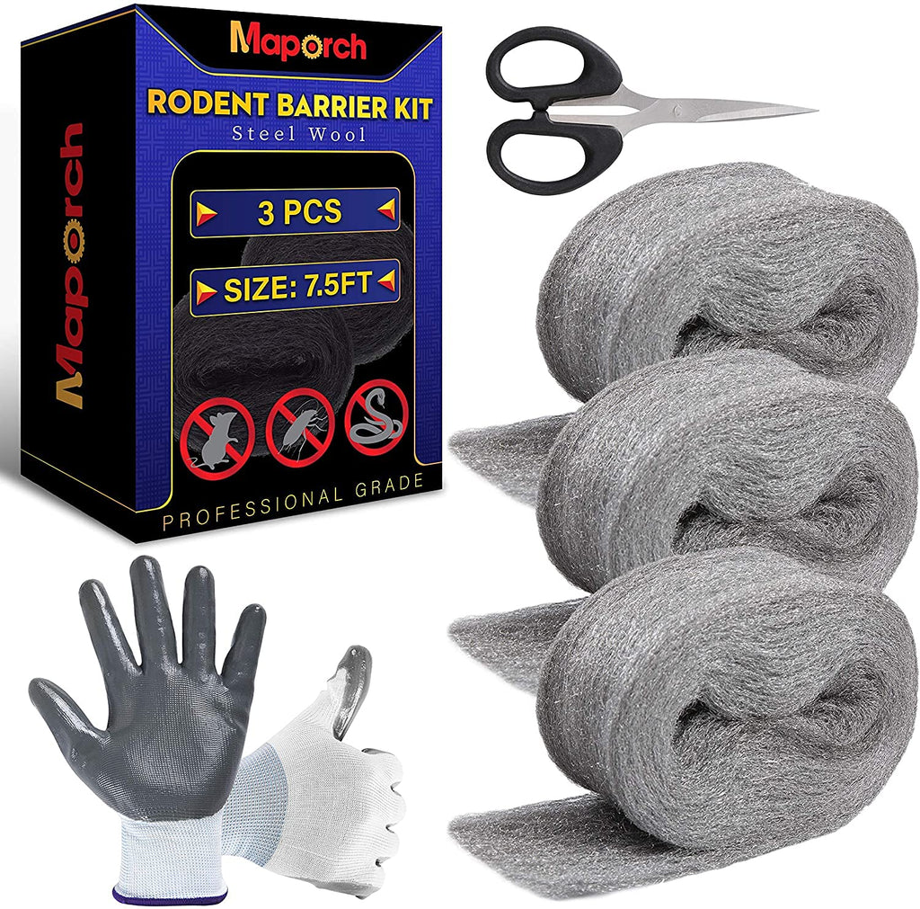 MAPORCH 3 Pack Steel Wool, 3.2”x7.5 Ft Control Fill Fabric, Gap Blocker for Holes, Pipeline, Wall Crack, House, Garage Including DIY Accessories, One Pair of Gloves and Scissor - NewNest Australia