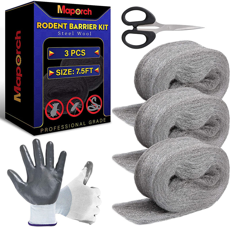 MAPORCH 3 Pack Steel Wool, 3.2”x7.5 Ft Control Fill Fabric, Gap Blocker for Holes, Pipeline, Wall Crack, House, Garage Including DIY Accessories, One Pair of Gloves and Scissor - NewNest Australia