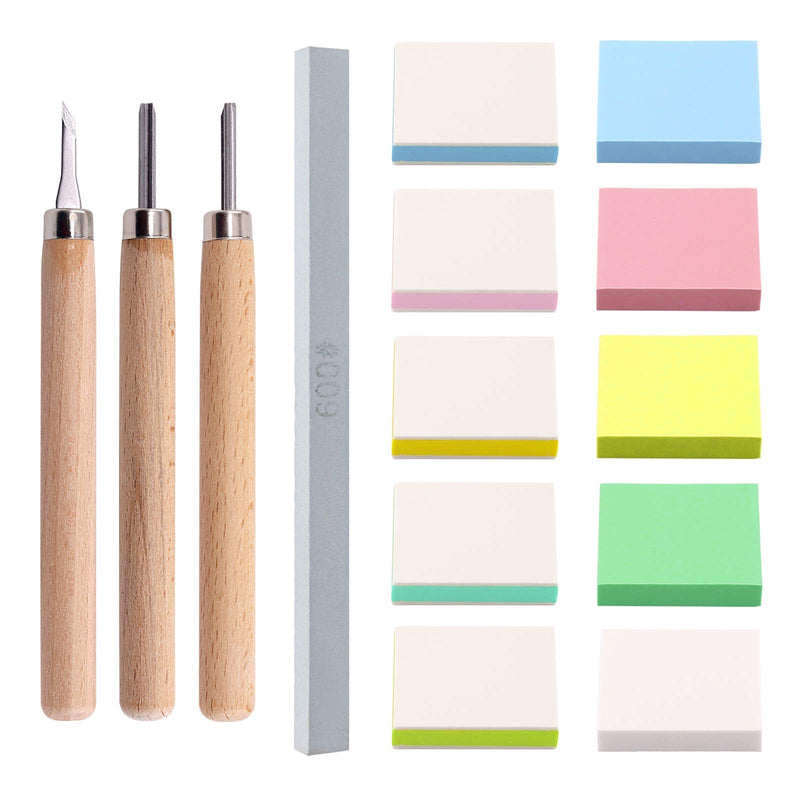 Swpeet 14Pcs 50mm Flat 2 Types Square Mixed Rubber Stamp Carving Blocks with 3Pcs Carving Knife Tools and Knife Polished Stone Kit, Double-Sided Removable Carving Block for Scrapbooking Postcards - NewNest Australia