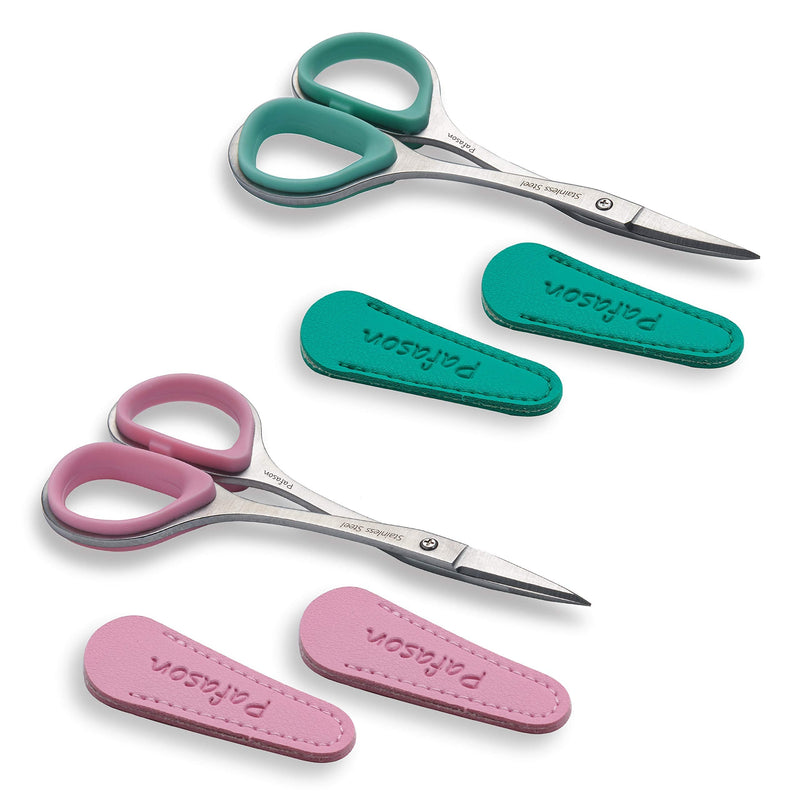 PAFASON 4" Stainless Steel Curved & Straight Embroidery Scissors Set with Premium PU Leather Cover Rubber Ring Handle Perfect for Cross Stitch Crochet Knitting Quilting Thread Yarn Sewing Cutting Green+Pink - NewNest Australia