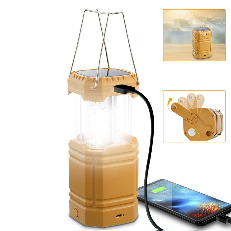 Camping Lantern Solar Hand Crank Powered, Rechargeable LED Lantern Flashlight 3000mAH Power Bank, Waterproof, Collapsible & Portable Emergency Lantern Camping Light for Home,Power Outages,Survival Kit Yellow - NewNest Australia