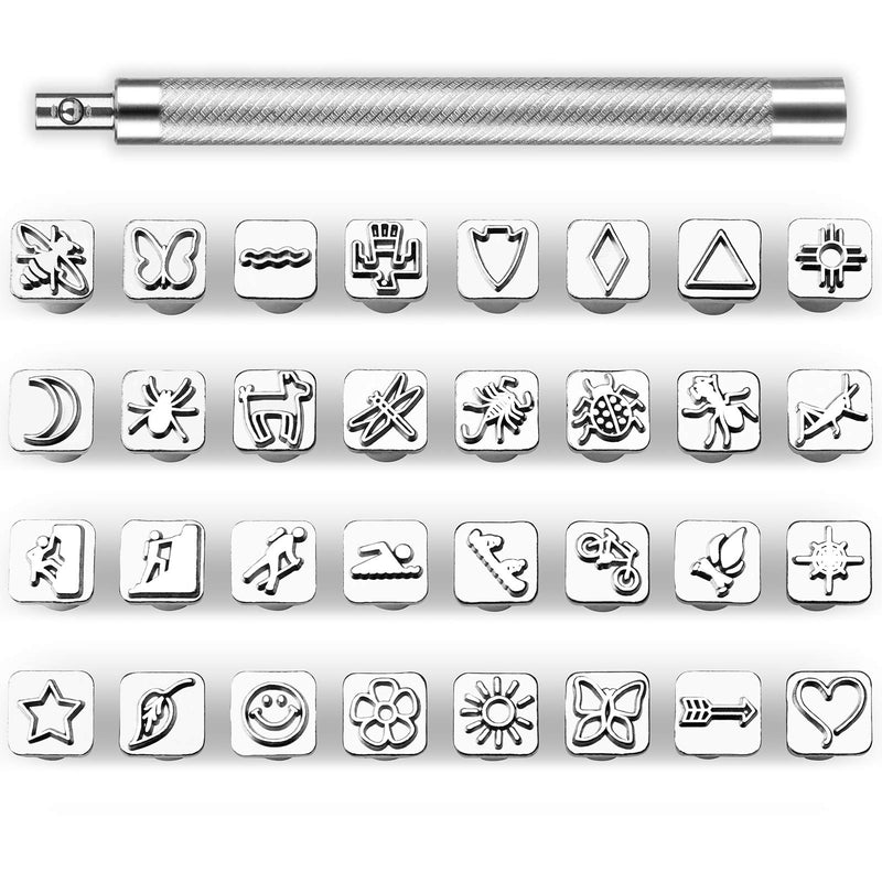 33 PCS Leather Stamping Tool Set, 32 PCS Leather Stamps Patterns + 1 Stamping Handle for Leather Craft, Quality Leather Craft Tool Stamp Set for DIY Beginners and Professionals - NewNest Australia