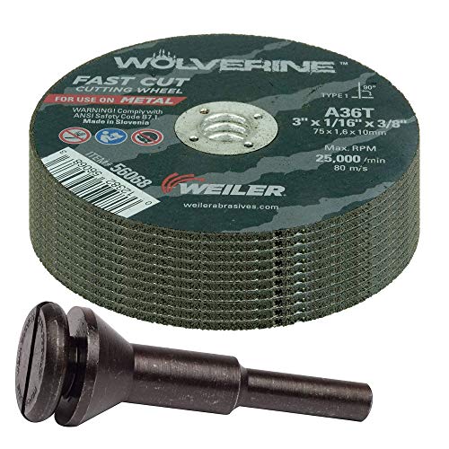 Weiler 56089 Die Grinder Cut-Off Wheel and Mandrel Kit Including 56490 Mandrel and 3-Inch x 1/16" Wolverine T1 Thin Wheels, A36T, 3/8" AH (1 Mandrel and 10 Cutting Discs) Mandrel & 10 Cutting Wheels - NewNest Australia