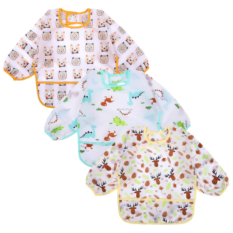 Accmor 3 Pcs Long Sleeve Bibs, Waterproof Baby Bibs, Toddler Sleeved Bib, Baby Smock for Eating Feeding, 6-24 Months Yellow Elk/Blue Dinosaur/Orange Pig Medium : 6-24 Months - NewNest Australia