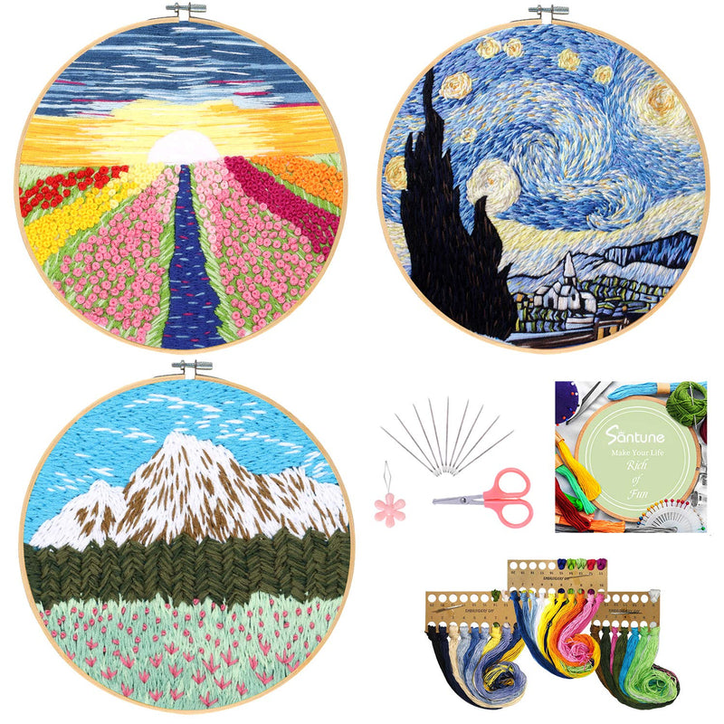 Santune 3 Sets Embroidery Starter Kit with Pattern and Instructions, Cross Stitch Set, Stamped Embroidery Kits with 3 Embroidery Clothes with Pattern, 1 Embroidery Hoops A-Van Gogh-Rainbow-Mountain - NewNest Australia