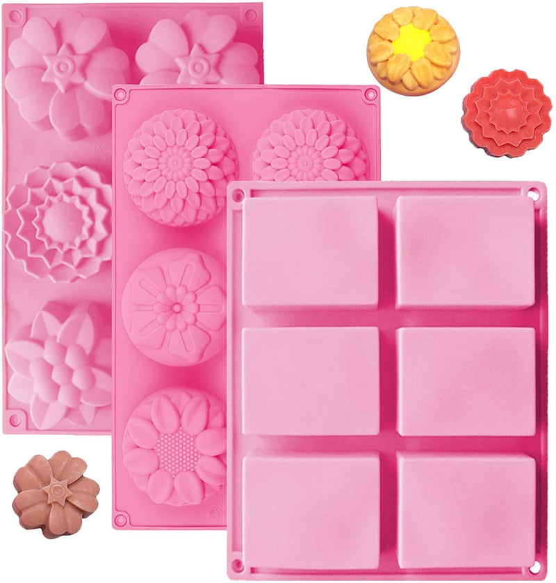 OBSGUMU 3 Pack Silicone Soap Molds,6 Cavities Flowers Soap Mold,Rectangle and Different Flower shapes, Perfect for Soap Making, Handmade Cake Chocolate Biscuit, Pudding (Pink) - NewNest Australia