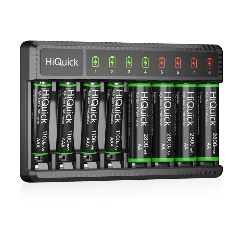 HiQuick 8 Bay Smart Battery Charger with AA & AAA Rechargeable Batteries- Fast Charging Household Battery Charger and AA 2800mAh Batteries 4 Pack & AAA 1100mAh Batteries 4 Pack 4AA+4AAA+SW-8N - NewNest Australia