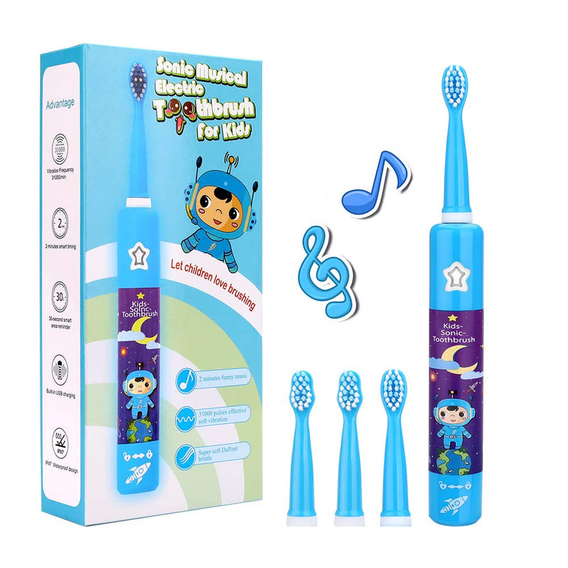 Musical Electric Toothbrushes for Kids Children, 3 Modes 2 Min Timer, Waterproof 31000 Strokes, 4 Bristles OJV 8620 Rechargeable Power Smart Sonic Music Play Song for Boy Oral-Care Age 3-14 (Blue) Blue - NewNest Australia