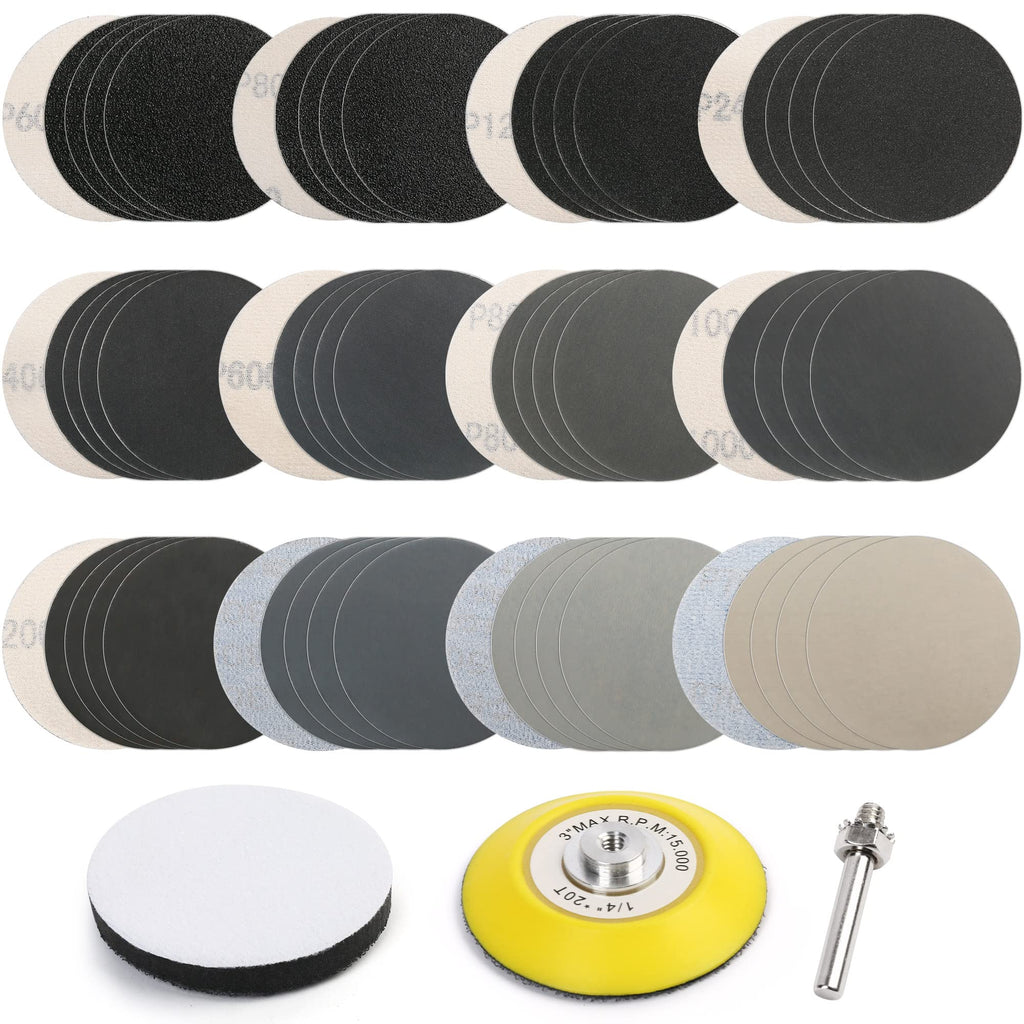 LotFancy 3 Inch Wet Dry Sanding Disc, 60pcs 60 to 7000 Grit, Silicon Carbide Hook and Loop Sandpaper with 1/4” Backing Pad and Foam Buffering Pad, for Automotive Wood Polishing & Finishing - NewNest Australia