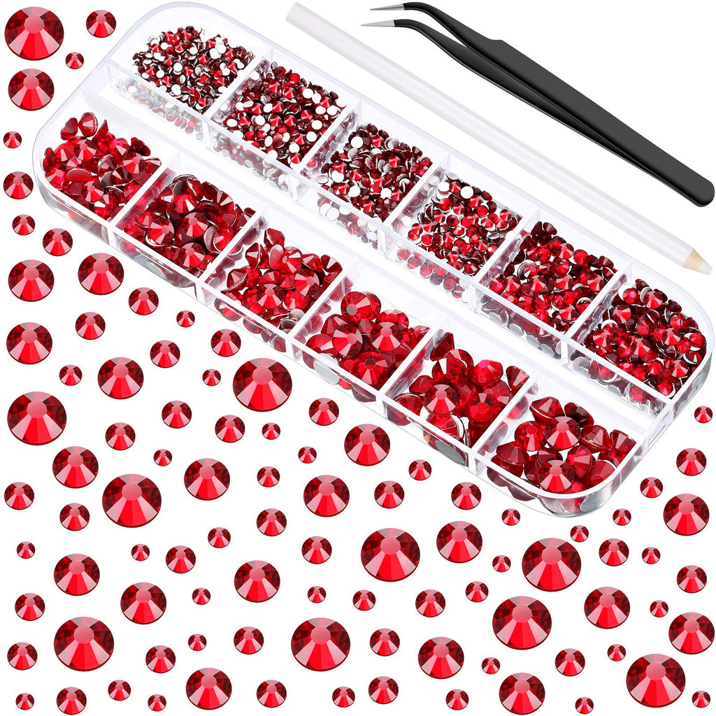 2000 Pieces Flat Back Gems Round Crystal Rhinestones 6 Sizes (1.5-6 mm) with Pick Up Tweezer and Rhinestones Picking Pen for Crafts Nail Face Art Clothes Shoes Bags DIY (Dark Red) Dark Red - NewNest Australia