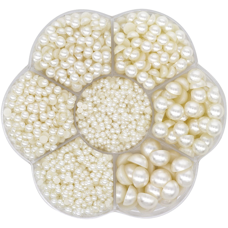 YAKA 3000 PCS 1 Box 7Sizes 2.5/3/4/5/6/8/10mm Flat Back Half Round Pearl Cabochon Bead Loose Beads Gem for Nail Craft Scrapbook DIY Decoration (Beige) Beige - NewNest Australia