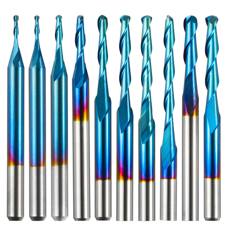 Genmitsu 10pcs 2-Flute Nano Blue Coat Ball Nose Spiral End Mill, 1/8'' Shank, 0.8mm-2.5mm Cutting Diameter, CNC Router Bits for Wood Working Acrylic MDF PVC ABS, BN10A 0.8mm-2.5mm Set (2-Flute Ball Nose) - NewNest Australia