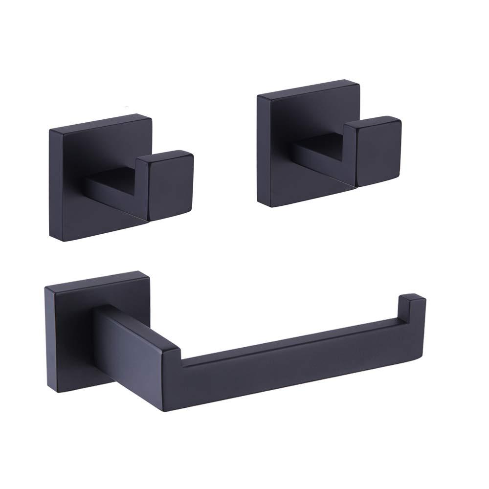 GERZWY Modern 3-Piece Bathroom Hardware Set SUS 304 Stainless Steel Toilet Paper Holder and 2X Towel Hook Wall Mounted Matte Black - NewNest Australia