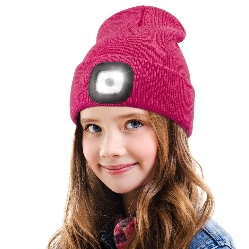 LED Beanie Hat with Light for Kids,Unisex USB Rechargeable Hands Free 4 LED Headlamp Cap Winter Knitted Night Lighted Hat Flashlight Boys Girls Rose red - NewNest Australia