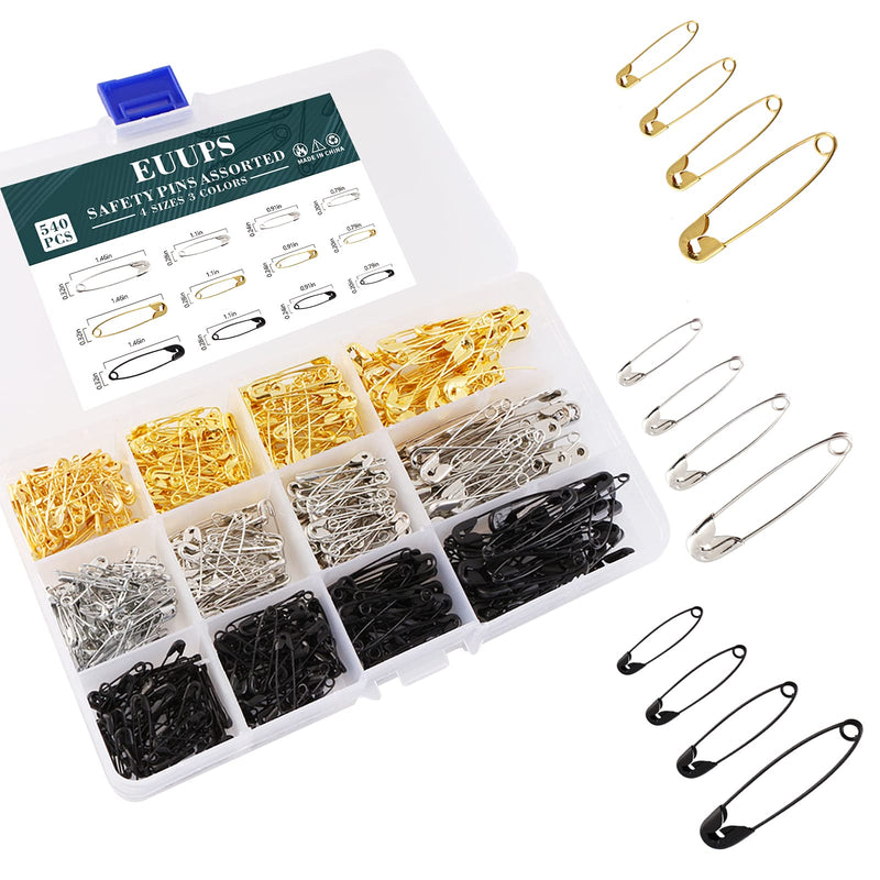 540PCS Safety Pins, EUUPS 4 Sizes Safety Pins Assorted, Durable & Large Strong Safety Pins Bulk for Art Craft Sewing Jewelry Making Home Office Use with Storage Box, Gold Silver Black - NewNest Australia