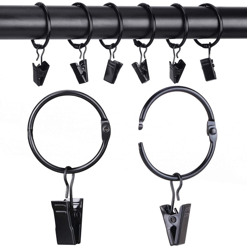 NewNest Australia - roonoo 36 Pack Openable Curtain Rings with Clips, Heavy Duty Metal 1.14 Inch Interior Diameter Black, Rustproof Decorative Drapery Rings Hooks for 1" Curtain Rods Hangers 