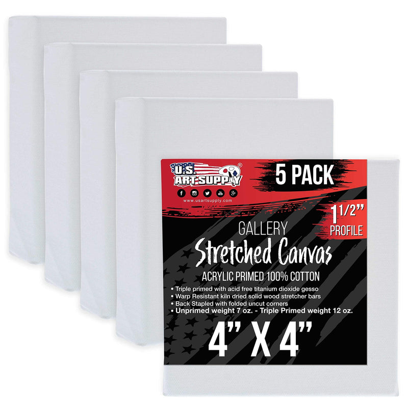 U.S. Art Supply 4" x 4" Gallery Depth 1-1/2" Profile Stretched Canvas 5-Pack - Acrylic Gesso Triple Primed 12-Ounce 100% Cotton Acid-Free Back Stapled Pouring Art 4" x 4" - NewNest Australia