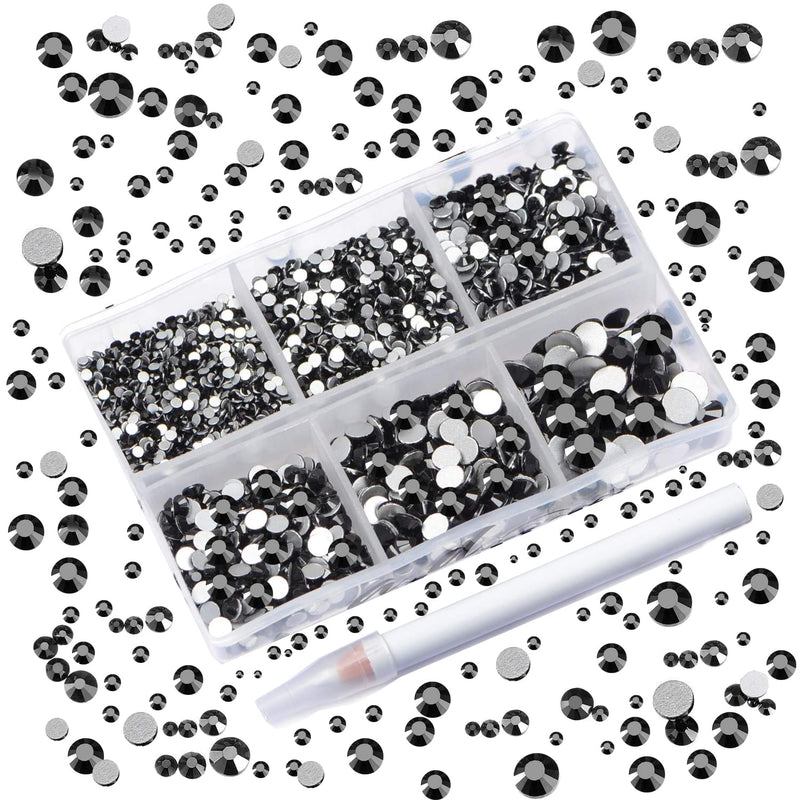 AD Beads 4300 Pieces Flat Back Nail Art Rhinestones Round Beads 6 Sizes (2-6.5mm) with Storage Organizer Box,Rhinestones Picking Pen for Nail Art Phone Decorations Crafts DIY (Black) Black - NewNest Australia
