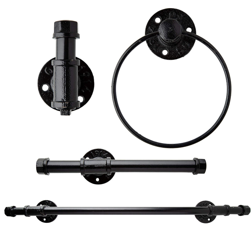 Industrial Pipe Décor Set for Bathroom – 4 Piece Bathroom Fixture Set: 1 Paper Holder, 1 Robe Hook, 1 Towel Ring & 1 Towel Bar in Matte Black – Farmhouse Bath Accessories /w Screws & Anchors - Square Matte Black – Square - NewNest Australia