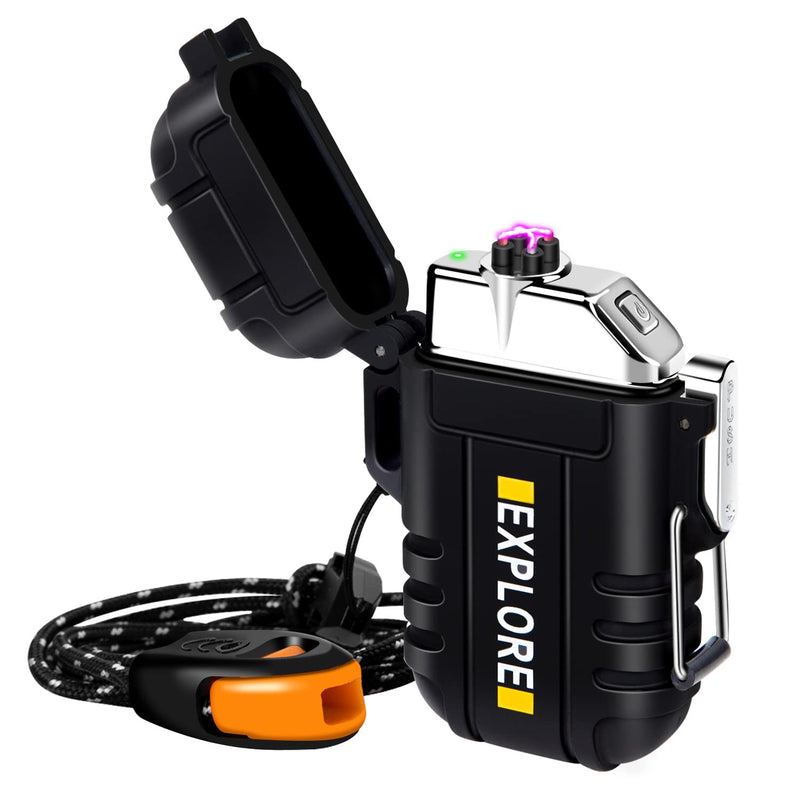 Lighter,USB Rechargeable Lighter,Windproof Arc Lighter Waterproof,Flameless Electric Lighter,Dual Arc Plasma Lighter with Emergency Whistle for Outdoor Adventure,Survival Tactical,Camping Gadgets Black - NewNest Australia