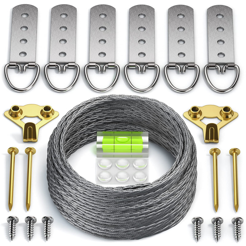 Heavy Duty Picture Wire Hanging Kit - D-Ring, Screws, Hanging Hooks,Level. Supports up to 110 lbs 50+ Feet (15.25M) Stainless Steel Wire Hanger - NewNest Australia