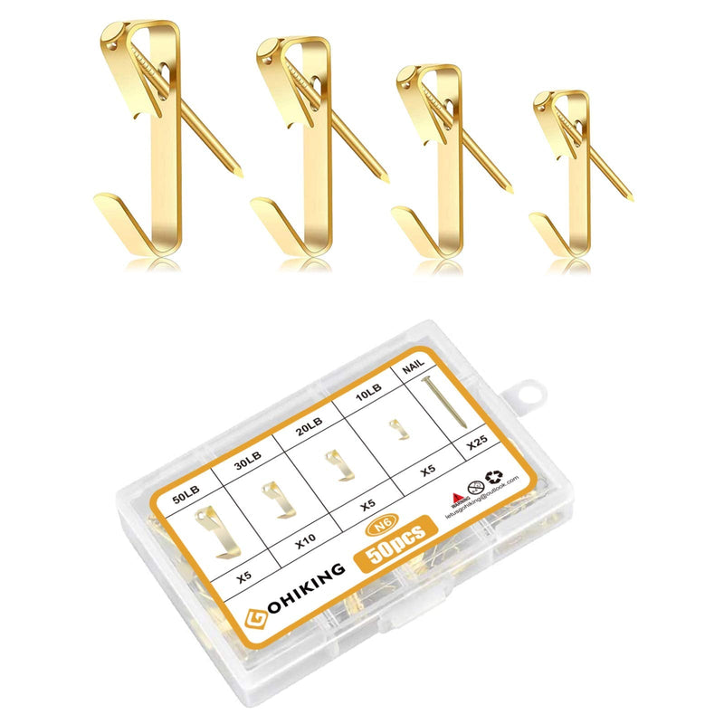 Picture Hanging Hooks, 50 Pcs Heavy Duty 10-50 lbs Picture Hangers Hardware kit with Nails for Picture Frame, Canvas, Mirror Hanging Decoration 10-50LB GLD - NewNest Australia