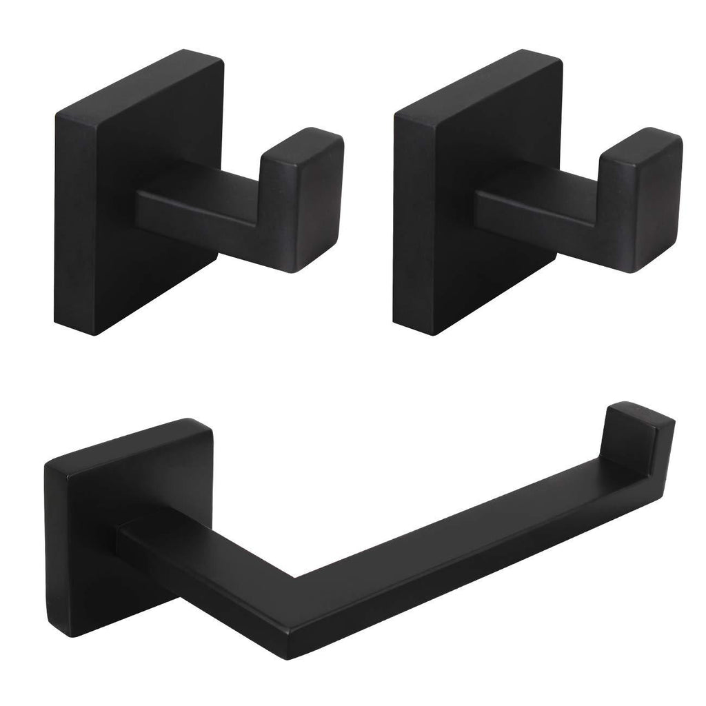 NANA kimzcn 3-Pieces Set Bathroom Hardware Set Matte Black Stainless Steel Squear Wall Mounted - Includes Toilet Paper Holder, 2X Robe Towel Hooks, Bathroom Accessories Kit D69027B - NewNest Australia