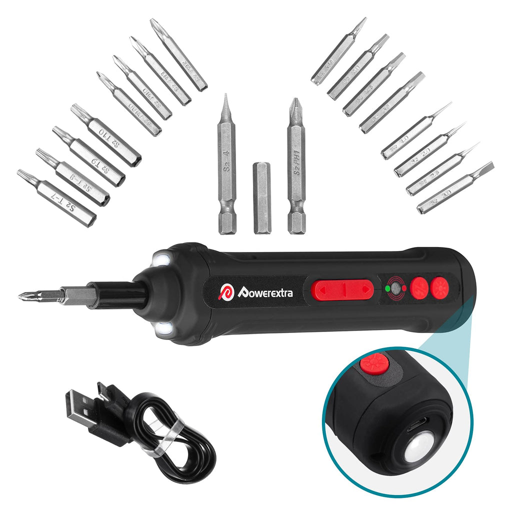 POWEREXTRA Electric Screwdriver Kit 16W Drill Compact Mini Cordless Screwdriver Set Rechargeable Bits 2000mAh Li-ion,1/4 in & 5/32 in Screwdriver Bits,3 LED Working Light,Current detector - NewNest Australia