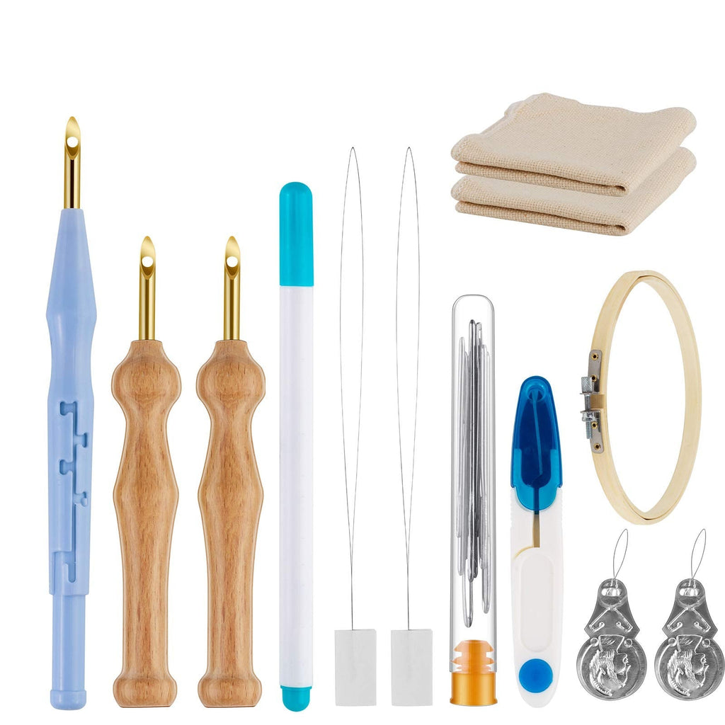 21PC Punch Needle Embroidery Kits Adjustable Punch Needle Tool, Wooden Handle Embroidery Pen, Bamboo Hoops, Punch Needle Cloth, Big Eye Needles, Needle Threaders, for Punch Needle Kits Adults Beginner Blue - NewNest Australia